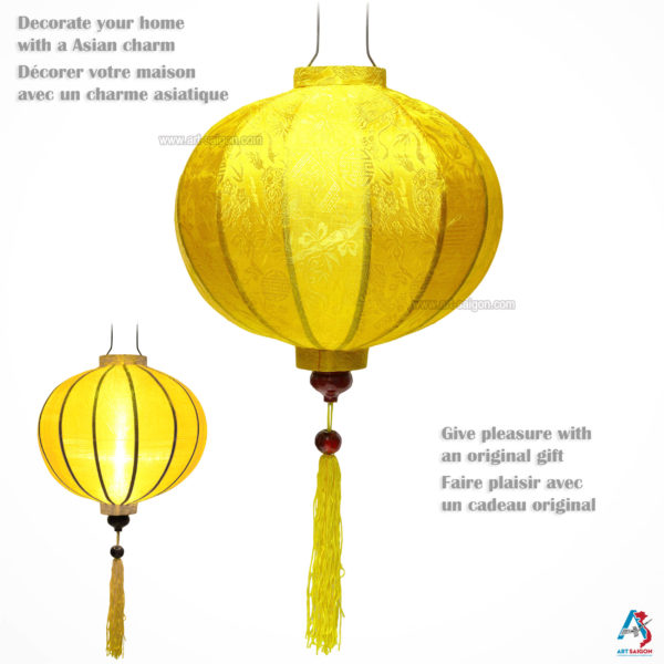 Lampion Asiatique en Soie Jaune de la ville de Hoi An au Vietnam, Lanterne Traditionnel en Tissu, Bambou et Bois |Décoration et Artisanat Asiatique - Article vendu par la Boutique Art-saigon.com