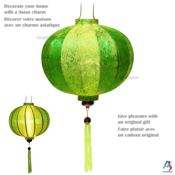 Lampion Asiatique en Soie Vert de la ville de Hoi An au Vietnam, Lanterne Traditionnel en Tissu, Bambou et Bois |Décoration et Artisanat Asiatique - Article vendu par la Boutique Art-saigon.com