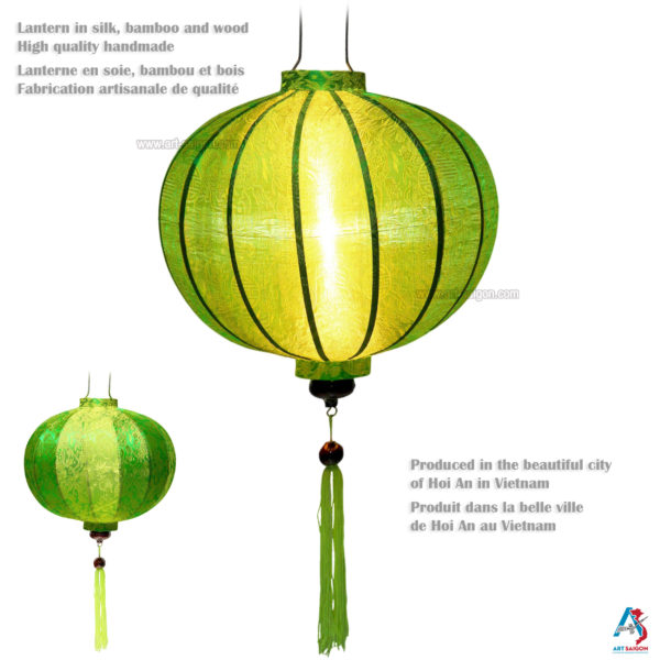 Lampion Asiatique en Soie Vert de la ville de Hoi An au Vietnam, Lanterne Traditionnel en Tissu, Bambou et Bois |Décoration et Artisanat Asiatique - Article vendu par la Boutique Art-saigon.com