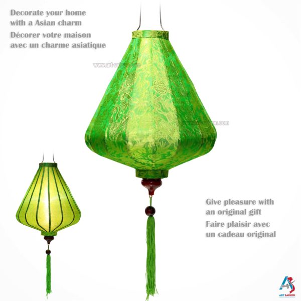 Lampion Asiatique en Soie Vert de la ville de Hoi An au Vietnam, Lanterne Traditionnel en Tissu, Bambou et Bois |Décoration et Artisanat Asiatique - Article vendu par la Boutique Art-saigon.com