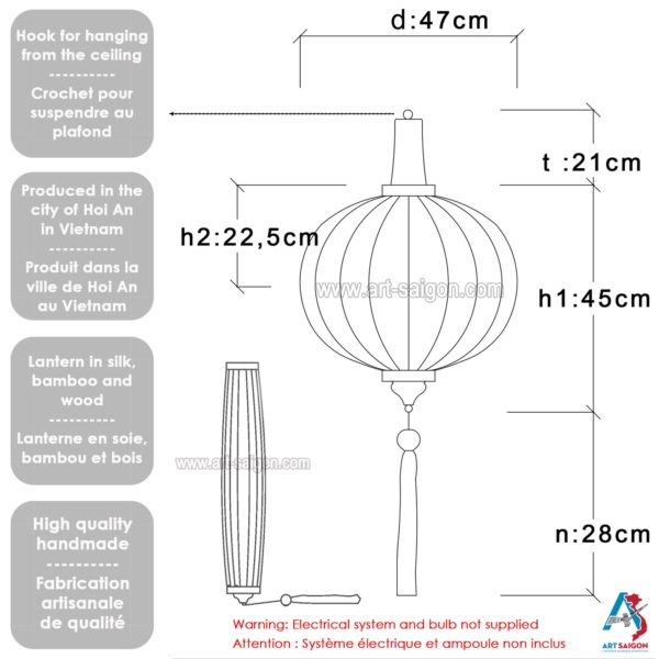 Lampion en Soie Orange R Ø47cm - Lanterne Tissu Asiatique (réf. R40-O) – Image 6