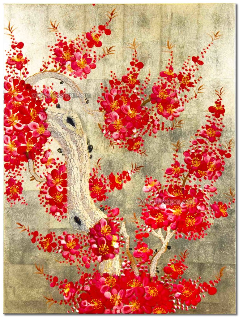 Tableau en Bois Laqué Doré, Fabriqué à la main, Motif Fleur de Cerisier. Peinture et Panneau Murale du Vietnam. Décoration et Artisanat Asiatique | Article vendu par la Boutique Art-Saigon.com