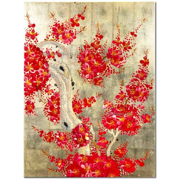 Tableau en Bois Laqué Doré, Fabriqué à la main, Motif Fleur de Cerisier. Peinture et Panneau Murale du Vietnam. Décoration et Artisanat Asiatique | Article vendu par la Boutique Art-Saigon.com