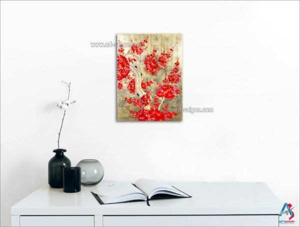 Tableau en Bois Laqué Doré, Fabriqué à la main, Motif Fleur de Cerisier. Peinture et Panneau Murale du Vietnam. Décoration et Artisanat Asiatique | Article vendu par la Boutique Art-Saigon.com
