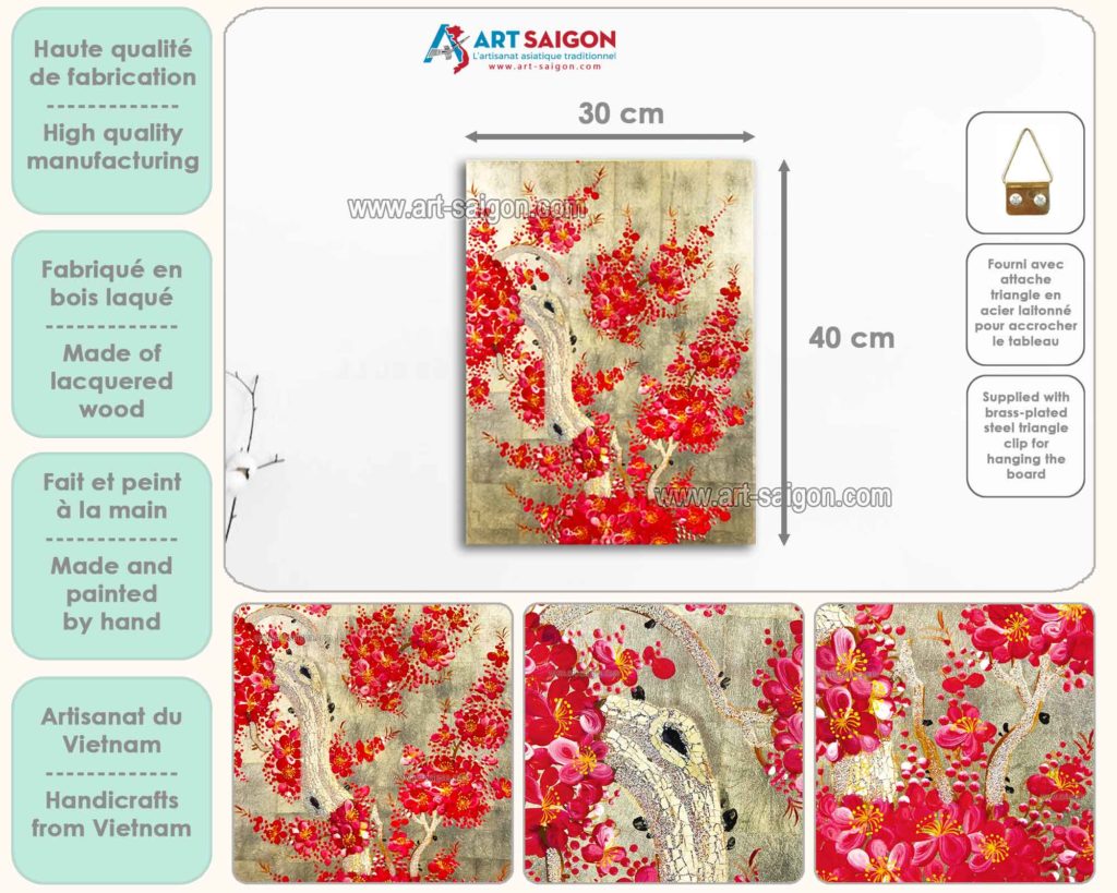 Tableau en Bois Laqué Doré, Fabriqué à la main, Motif Fleur de Cerisier. Peinture et Panneau Murale du Vietnam. Décoration et Artisanat Asiatique | Article vendu par la Boutique Art-Saigon.com