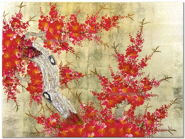Tableau en Bois Laqué Doré, Fabriqué à la main, Motif Fleur de Cerisier. Peinture et Panneau Murale du Vietnam. Décoration et Artisanat Asiatique | Article vendu par la Boutique Art-Saigon.com