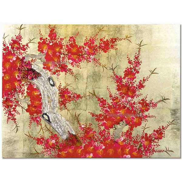 Tableau en Bois Laqué Doré, Fabriqué à la main, Motif Fleur de Cerisier. Peinture et Panneau Murale du Vietnam. Décoration et Artisanat Asiatique | Article vendu par la Boutique Art-Saigon.com