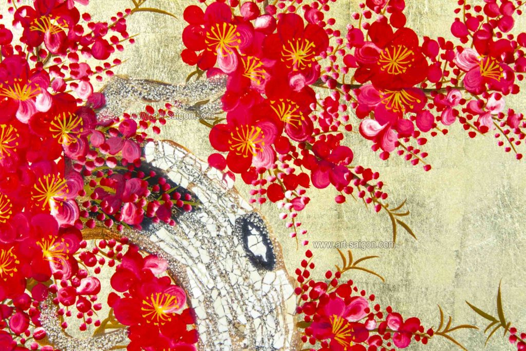 Tableau en Bois Laqué Doré, Fabriqué à la main, Motif Fleur de Cerisier. Peinture et Panneau Murale du Vietnam. Décoration et Artisanat Asiatique | Article vendu par la Boutique Art-Saigon.com