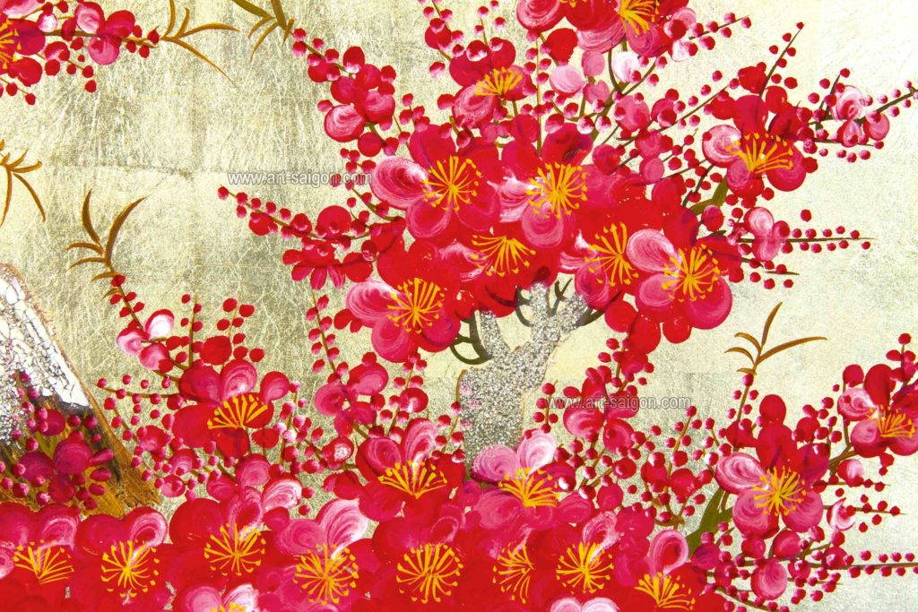 Tableau en Bois Laqué Doré, Fabriqué à la main, Motif Fleur de Cerisier. Peinture et Panneau Murale du Vietnam. Décoration et Artisanat Asiatique | Article vendu par la Boutique Art-Saigon.com