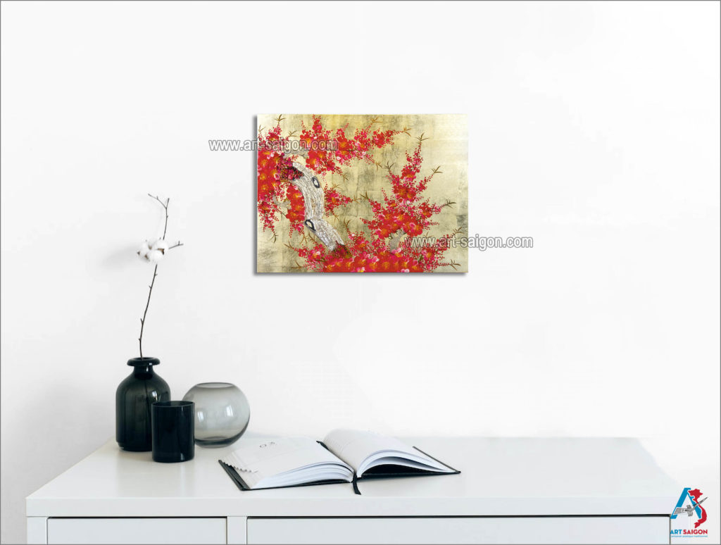 Tableau en Bois Laqué Doré, Fabriqué à la main, Motif Fleur de Cerisier. Peinture et Panneau Murale du Vietnam. Décoration et Artisanat Asiatique | Article vendu par la Boutique Art-Saigon.com