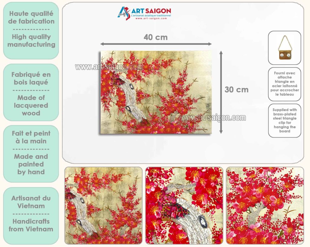 Tableau en Bois Laqué Doré, Fabriqué à la main, Motif Fleur de Cerisier. Peinture et Panneau Murale du Vietnam. Décoration et Artisanat Asiatique | Article vendu par la Boutique Art-Saigon.com