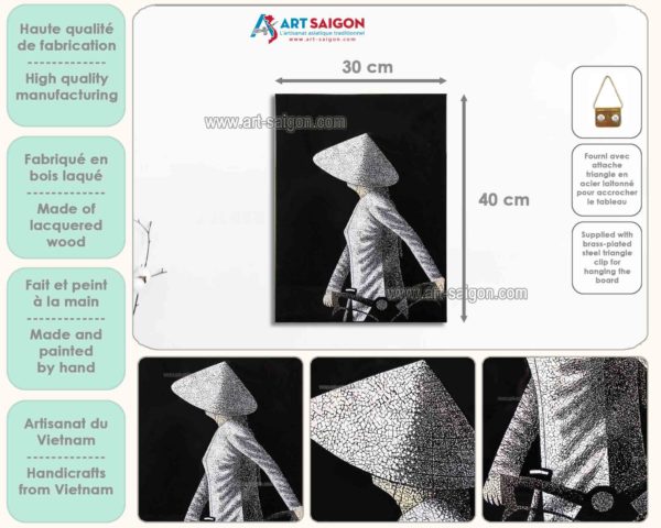 Tableau en Bois Laqué Noir et Coquille d’œuf, Fabriqué à la main, Motif Femme Vietnamienne. Peinture et Panneau Murale du Vietnam. Décoration et Artisanat Asiatique | Article vendu par la Boutique Art-Saigon.com