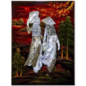 Tableau en Bois Laqué et Nacre, Fabriqué à la main, Motif Femmes Vietnamiennes. Peinture et Panneau Murale du Vietnam. Décoration et Artisanat Asiatique | Article vendu par la Boutique Art-Saigon.com