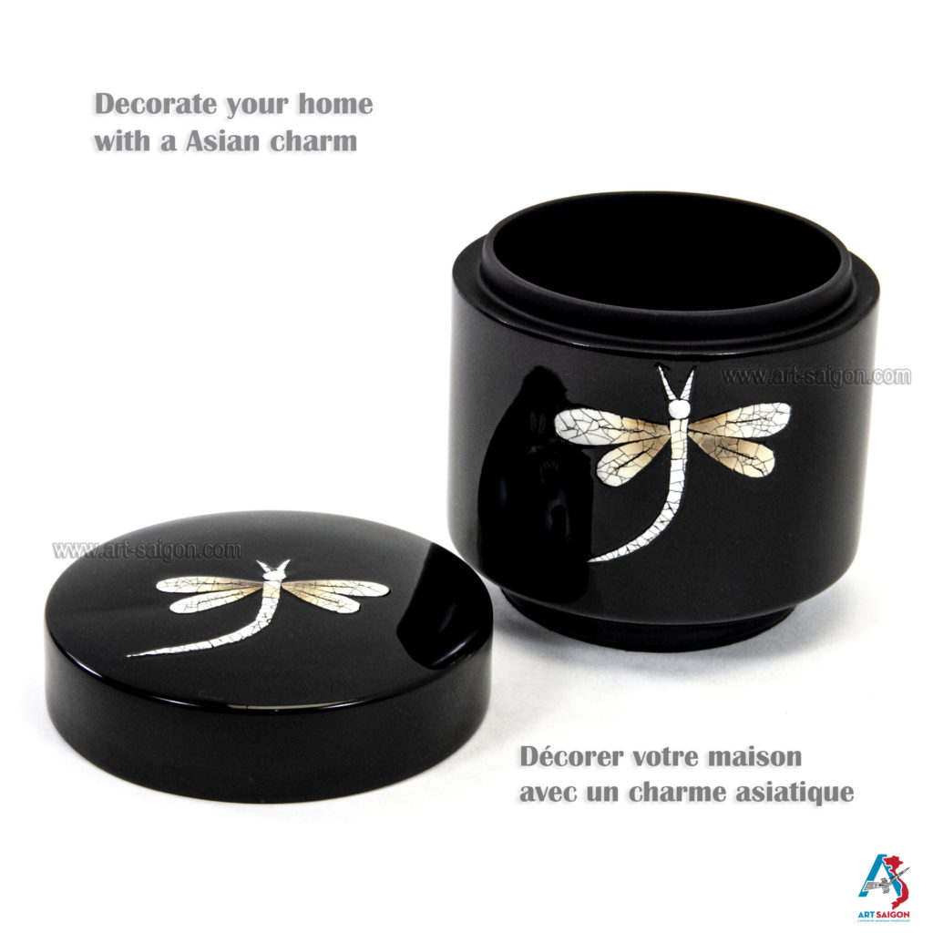 Boîte en Bois Laqué Noir, Fabriqué à la main, Motif Libellule | Décoration et Artisanat Asiatique - Article vendu par la Boutique Art-Saigon.com