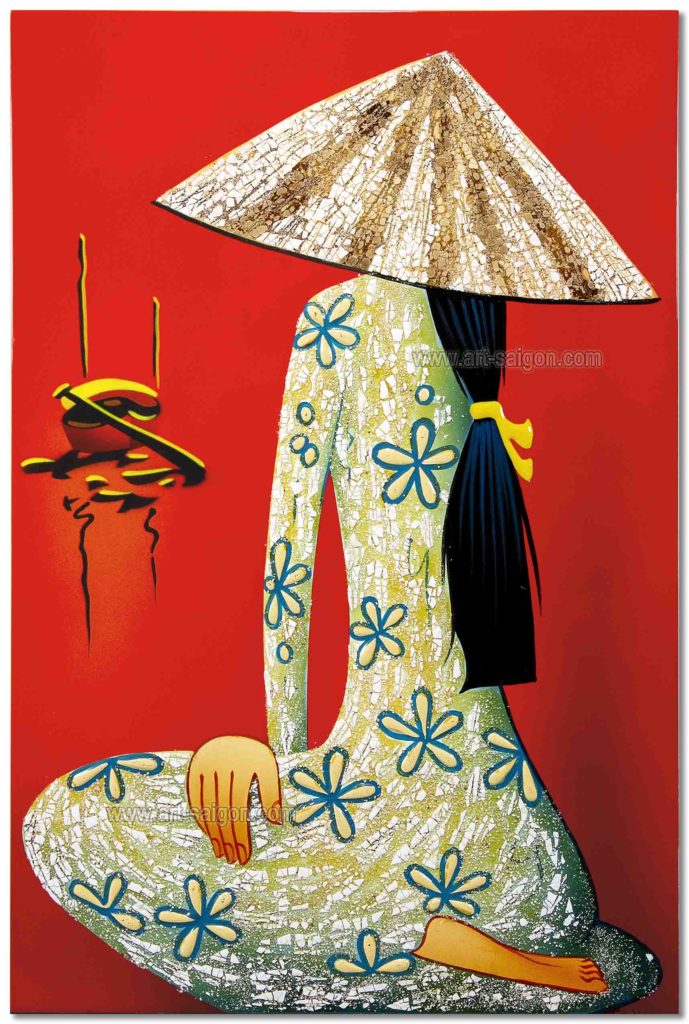 Tableau en Bois Laqué Rouge, Fabriqué à la main, Femme Vietnamienne. Peinture et Panneau Murale du Vietnam. Décoration et Artisanat Asiatique | Article vendu par la Boutique Art-Saigon.com