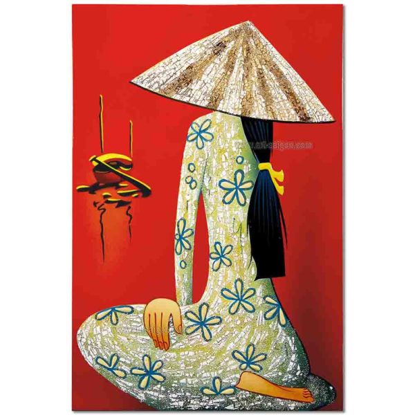 Tableau en Bois Laqué Rouge, Fabriqué à la main, Femme Vietnamienne. Peinture et Panneau Murale du Vietnam. Décoration et Artisanat Asiatique | Article vendu par la Boutique Art-Saigon.com