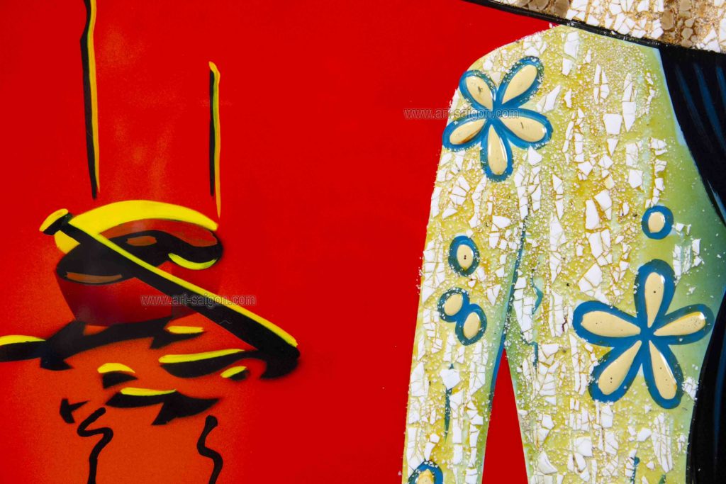 Tableau en Bois Laqué Rouge, Fabriqué à la main, Femme Vietnamienne. Peinture et Panneau Murale du Vietnam. Décoration et Artisanat Asiatique | Article vendu par la Boutique Art-Saigon.com
