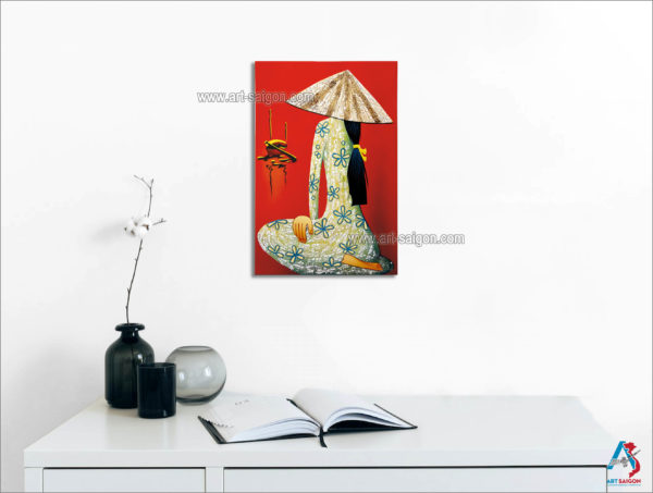 Tableau en Bois Laqué Rouge, Fabriqué à la main, Femme Vietnamienne. Peinture et Panneau Murale du Vietnam. Décoration et Artisanat Asiatique | Article vendu par la Boutique Art-Saigon.com