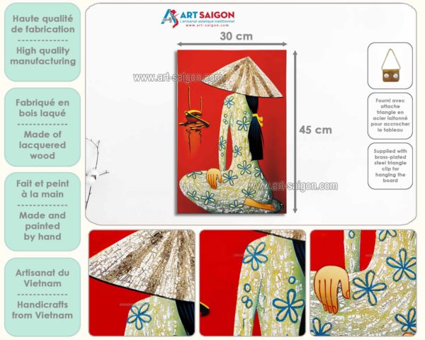 Tableau en Bois Laqué Rouge, Fabriqué à la main, Femme Vietnamienne. Peinture et Panneau Murale du Vietnam. Décoration et Artisanat Asiatique | Article vendu par la Boutique Art-Saigon.com