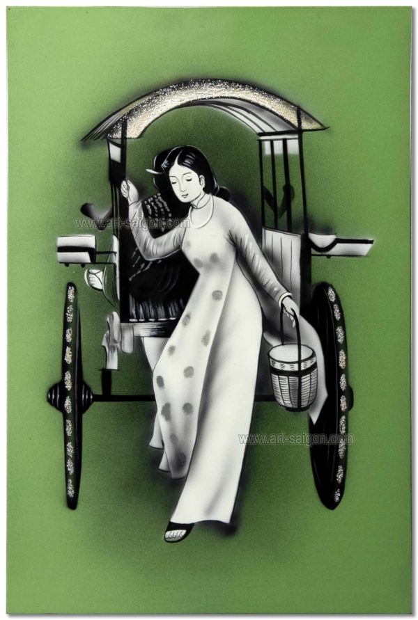 Tableau en Bois Laqué Vert, Fabriqué à la main, Femme Vietnamienne. Peinture et Panneau Murale du Vietnam. Décoration et Artisanat Asiatique | Article vendu par la Boutique Art-Saigon.com