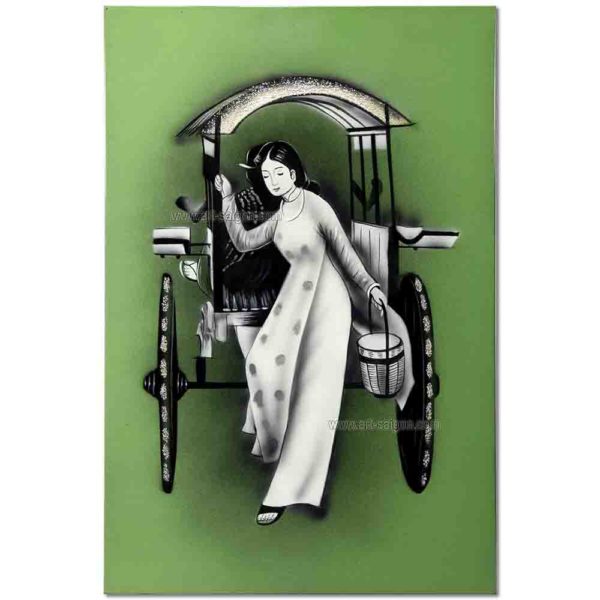 Tableau en Bois Laqué Vert, Fabriqué à la main, Femme Vietnamienne. Peinture et Panneau Murale du Vietnam. Décoration et Artisanat Asiatique | Article vendu par la Boutique Art-Saigon.com
