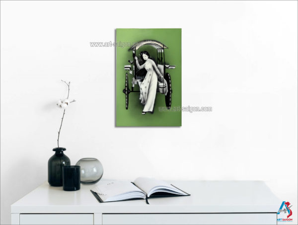 Tableau en Bois Laqué Vert, Fabriqué à la main, Femme Vietnamienne. Peinture et Panneau Murale du Vietnam. Décoration et Artisanat Asiatique | Article vendu par la Boutique Art-Saigon.com