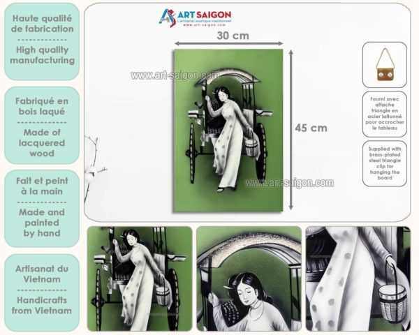 Tableau en Bois Laqué Vert, Fabriqué à la main, Femme Vietnamienne. Peinture et Panneau Murale du Vietnam. Décoration et Artisanat Asiatique | Article vendu par la Boutique Art-Saigon.com
