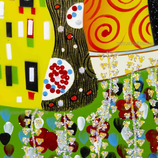 Tableau en Bois Laqué, Fabriqué à la main, Le Baiser de Gustav Klimt. Peinture et Panneau Murale du Vietnam. Décoration et Artisanat Asiatique | Article vendu par la Boutique Art-Saigon.com