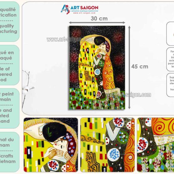 Tableau en Bois Laqué, Fabriqué à la main, Le Baiser de Gustav Klimt. Peinture et Panneau Murale du Vietnam. Décoration et Artisanat Asiatique | Article vendu par la Boutique Art-Saigon.com