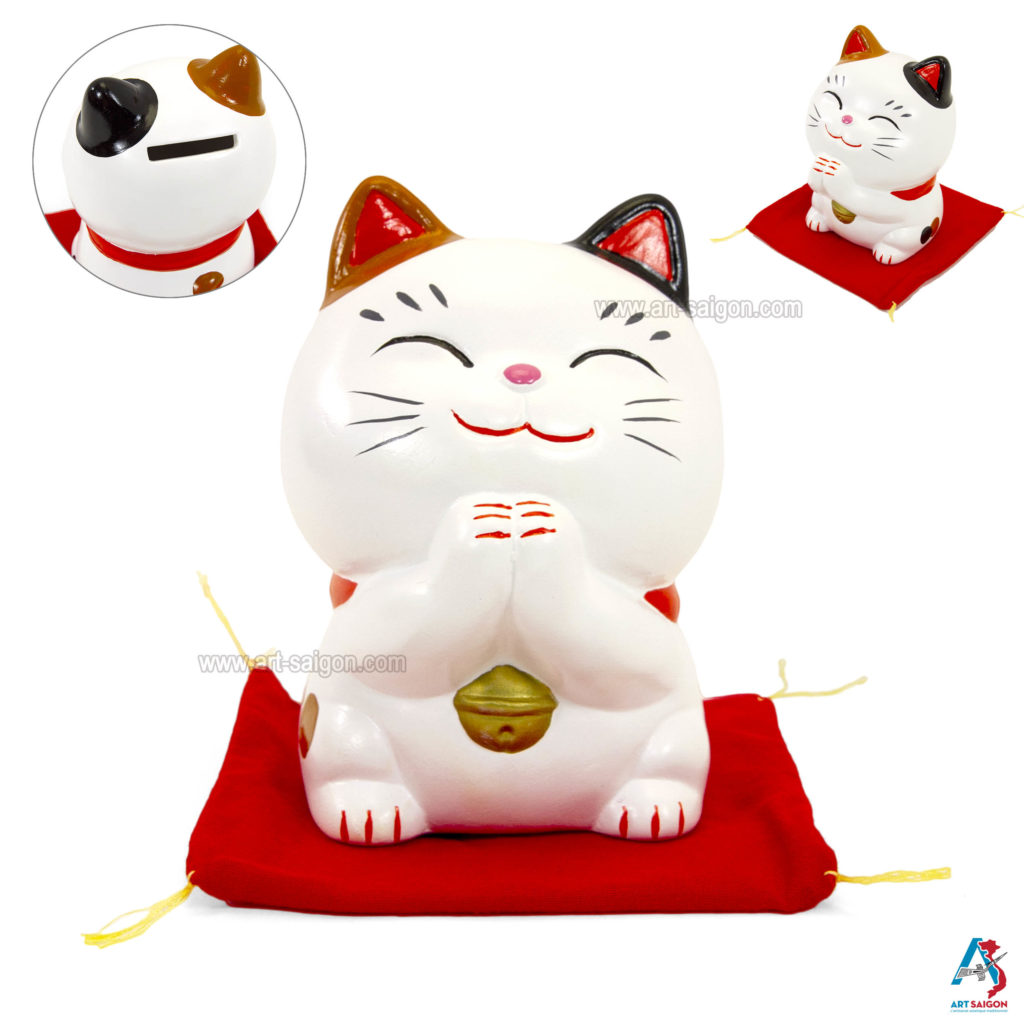 Maneki Neko Blanc, Tirelire, Fabriqué au Japon. Chat Porte Bonheur Japonais, Lucky Cat | Décoration et Artisanat Asiatique - Article vendu par la Boutique Art-Saigon.com