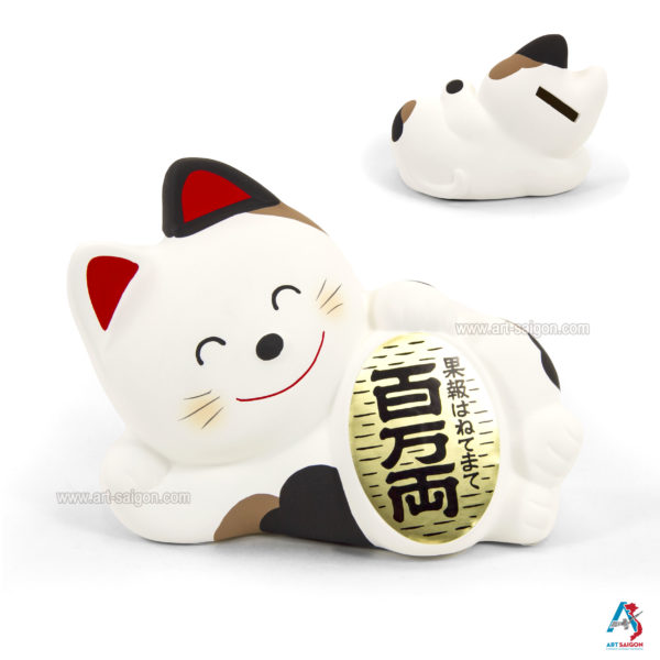 Maneki Neko Blanc, Tirelire, Fabriqué au Japon. Chat Porte Bonheur Japonais | Décoration et Artisanat Asiatique - Article vendu par la Boutique Art-Saigon.com