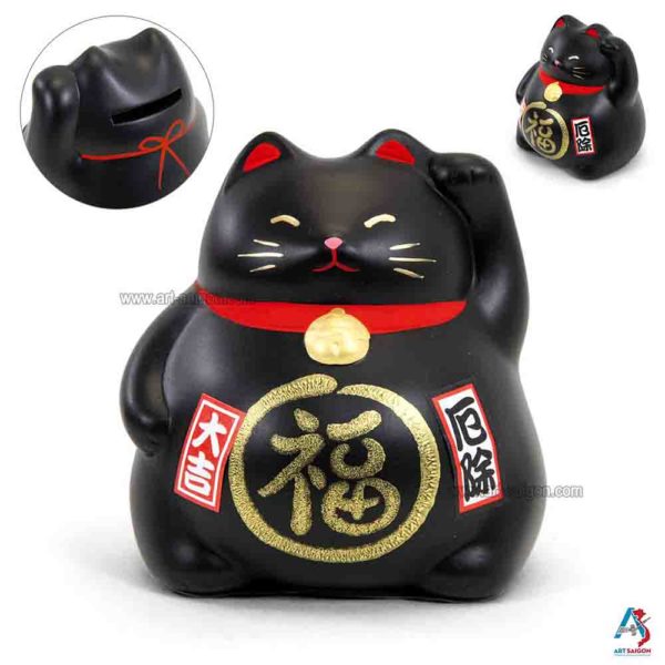 Maneki Neko Noir, Tirelire, Fabriqué au Japon. Chat Porte Bonheur Japonais | Décoration et Artisanat Asiatique - Article vendu par la Boutique Art-Saigon.com