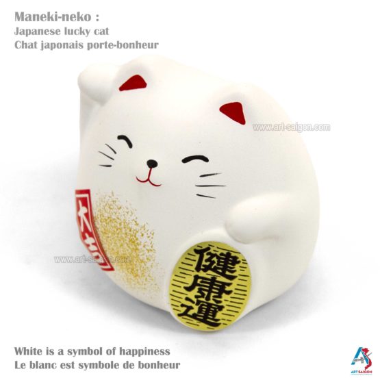 Maneki Neko Blanc, Fabriqué au Japon. Chat Porte Bonheur Japonais | Décoration et Artisanat Asiatique - Article vendu par la Boutique Art-Saigon.com