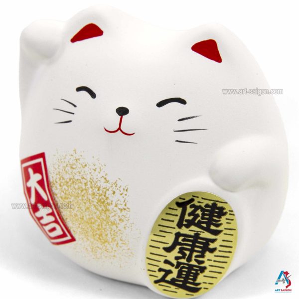 Maneki Neko Blanc, Fabriqué au Japon. Chat Porte Bonheur Japonais | Décoration et Artisanat Asiatique - Article vendu par la Boutique Art-Saigon.com