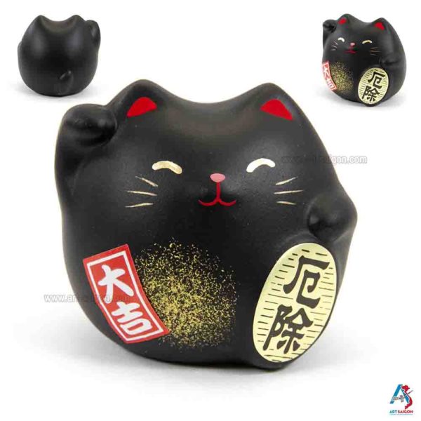 Maneki Neko Noir, Fabriqué au Japon. Chat Porte Bonheur Japonais | Décoration et Artisanat Asiatique - Article vendu par la Boutique Art-Saigon.com