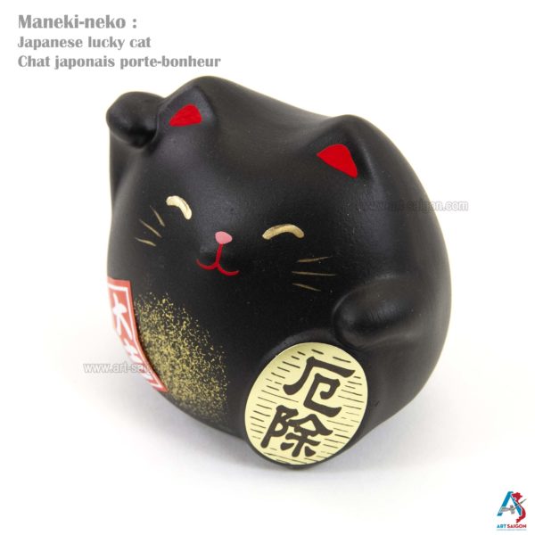 Maneki Neko Noir, Fabriqué au Japon. Chat Porte Bonheur Japonais | Décoration et Artisanat Asiatique - Article vendu par la Boutique Art-Saigon.com