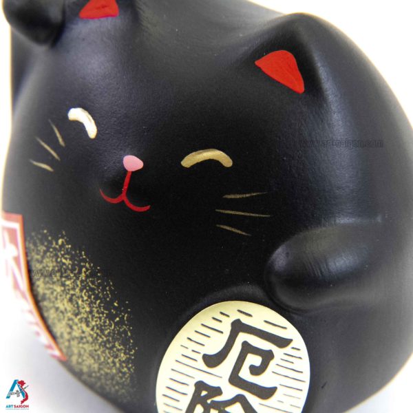 Maneki Neko Noir, Fabriqué au Japon. Chat Porte Bonheur Japonais | Décoration et Artisanat Asiatique - Article vendu par la Boutique Art-Saigon.com