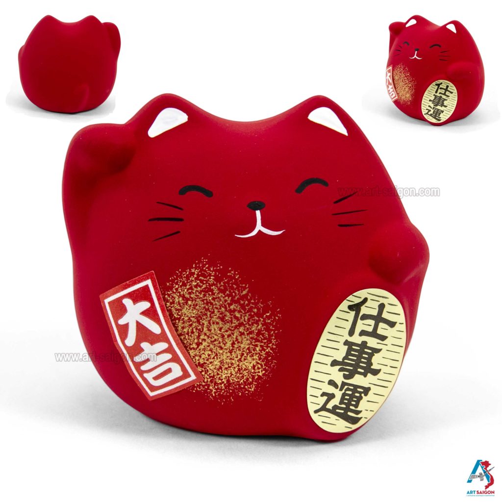 Maneki Neko Rouge, Fabriqué au Japon. Chat Porte Bonheur Japonais | Décoration et Artisanat Asiatique - Article vendu par la Boutique Art-Saigon.com