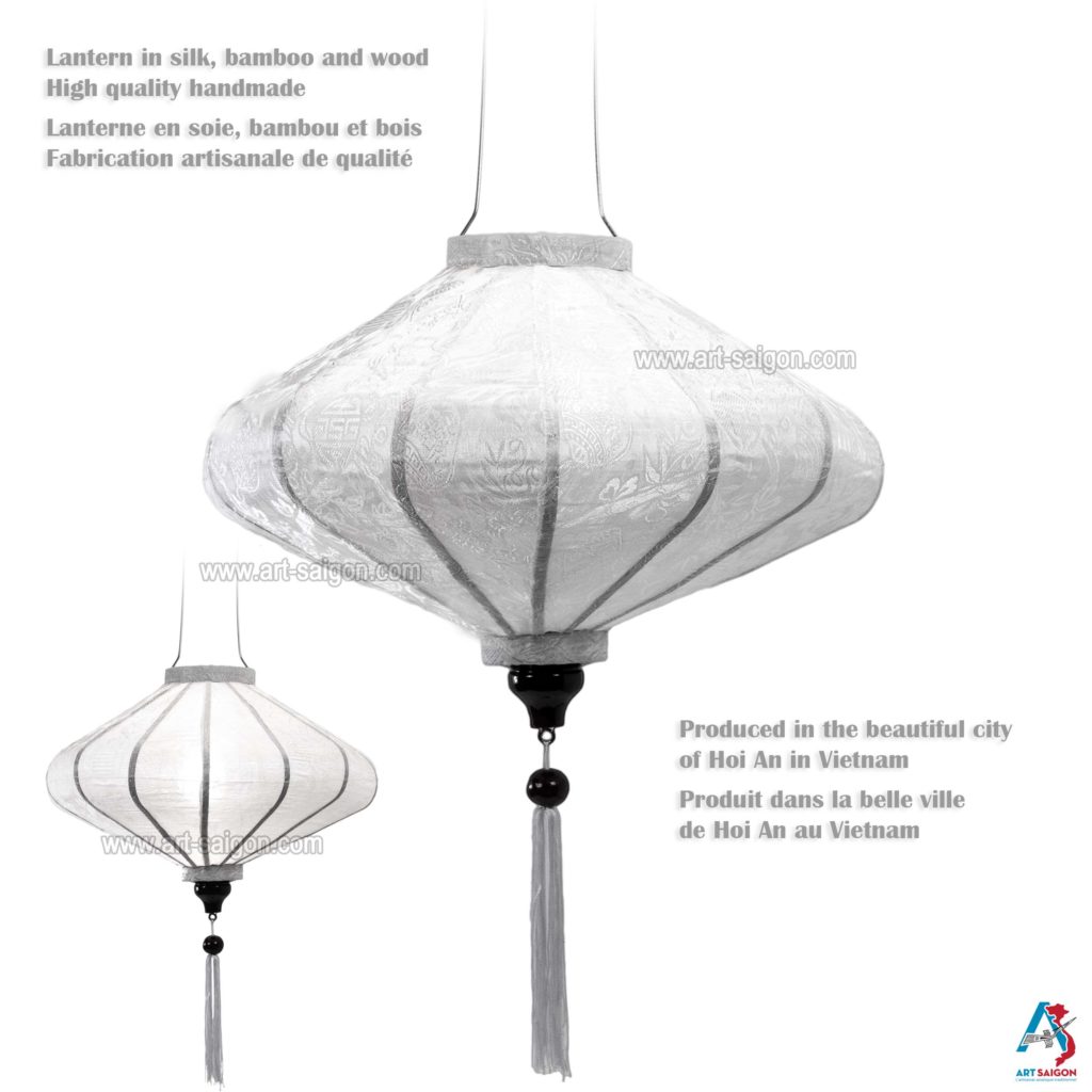 Lampion Asiatique en Soie Blanc de la ville de Hoi An au Vietnam, Lanterne Traditionnel en Tissu, Bambou et Bois | Décoration et Artisanat Asiatique - Article vendu par la Boutique Art-saigon.com