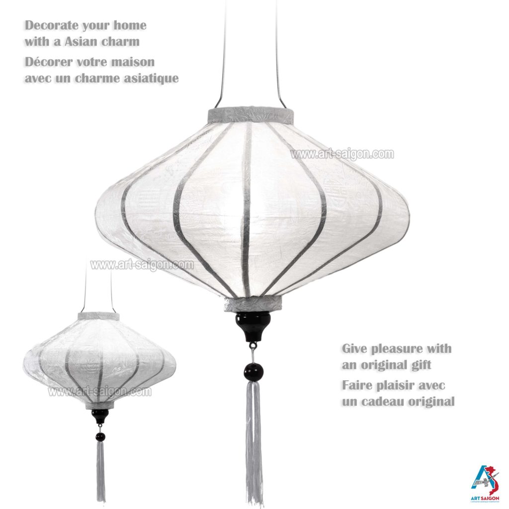 Lampion Asiatique en Soie Blanc de la ville de Hoi An au Vietnam, Lanterne Traditionnel en Tissu, Bambou et Bois | Décoration et Artisanat Asiatique - Article vendu par la Boutique Art-saigon.com