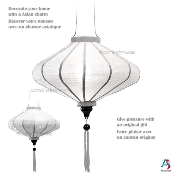 Lampion Asiatique en Soie Blanc de la ville de Hoi An au Vietnam, Lanterne Traditionnel en Tissu, Bambou et Bois | Décoration et Artisanat Asiatique - Article vendu par la Boutique Art-saigon.com