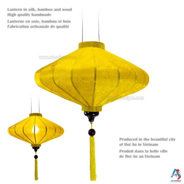 Lampion Asiatique en Soie Jaune de la ville de Hoi An au Vietnam, Lanterne Traditionnel en Tissu, Bambou et Bois | Décoration et Artisanat Asiatique - Article vendu par la Boutique Art-saigon.com
