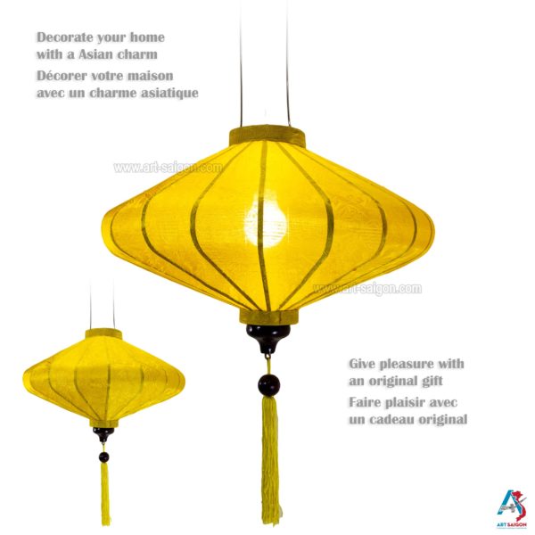 Lampion Asiatique en Soie Jaune de la ville de Hoi An au Vietnam, Lanterne Traditionnel en Tissu, Bambou et Bois | Décoration et Artisanat Asiatique - Article vendu par la Boutique Art-saigon.com