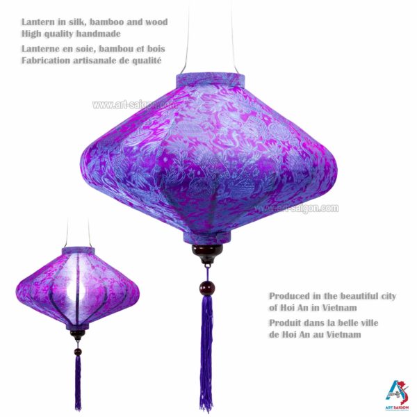 Lampion Asiatique en Soie Mauve de la ville de Hoi An au Vietnam, Lanterne Traditionnel en Tissu, Bambou et Bois | Décoration et Artisanat Asiatique - Article vendu par la Boutique Art-saigon.com