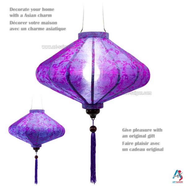 Lampion Asiatique en Soie Mauve de la ville de Hoi An au Vietnam, Lanterne Traditionnel en Tissu, Bambou et Bois | Décoration et Artisanat Asiatique - Article vendu par la Boutique Art-saigon.com