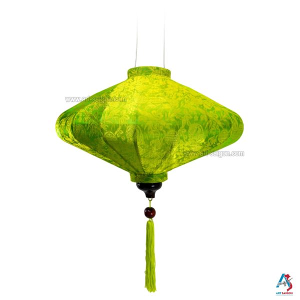 Lampion Asiatique en Soie Vert de la ville de Hoi An au Vietnam, Lanterne Traditionnel en Tissu, Bambou et Bois | Décoration et Artisanat Asiatique - Article vendu par la Boutique Art-saigon.com