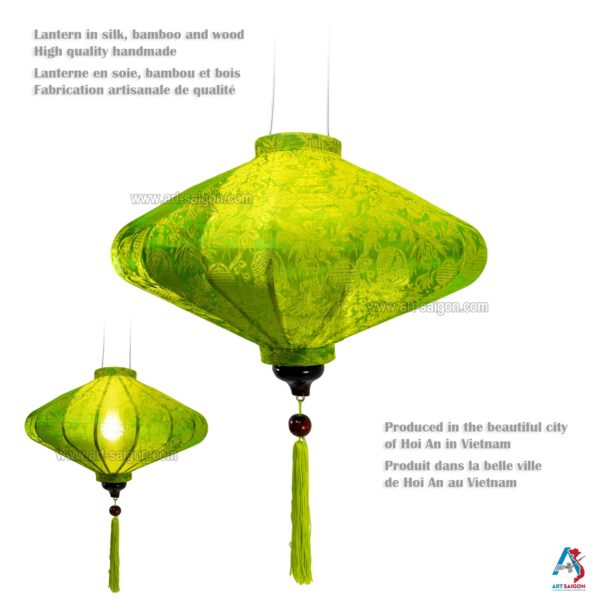 Lampion Asiatique en Soie Vert de la ville de Hoi An au Vietnam, Lanterne Traditionnel en Tissu, Bambou et Bois | Décoration et Artisanat Asiatique - Article vendu par la Boutique Art-saigon.com