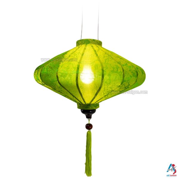 Lampion Asiatique en Soie Vert de la ville de Hoi An au Vietnam, Lanterne Traditionnel en Tissu, Bambou et Bois | Décoration et Artisanat Asiatique - Article vendu par la Boutique Art-saigon.com