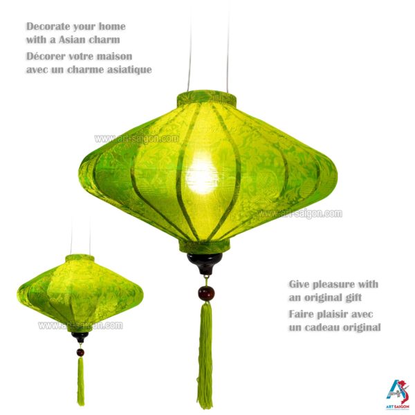Lampion Asiatique en Soie Vert de la ville de Hoi An au Vietnam, Lanterne Traditionnel en Tissu, Bambou et Bois | Décoration et Artisanat Asiatique - Article vendu par la Boutique Art-saigon.com