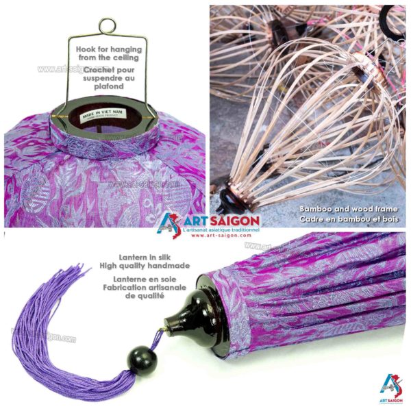 Lampion Asiatique en Soie Mauve de la ville de Hoi An au Vietnam, Lanterne Traditionnel en Tissu, Bambou et Bois | Décoration et Artisanat Asiatique - Article vendu par la Boutique Art-saigon.com